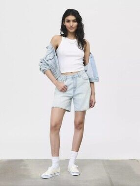High Rise Baggy Linen+ Denim Lightweight Women's Shorts